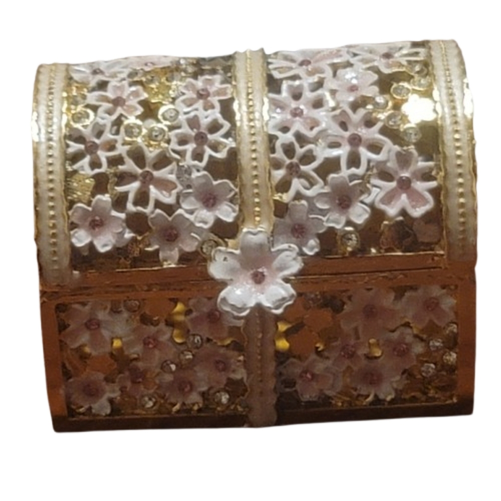 Miniature Trinket Box /Treasure Chest Gold, With Pink Hinged Closure Floral